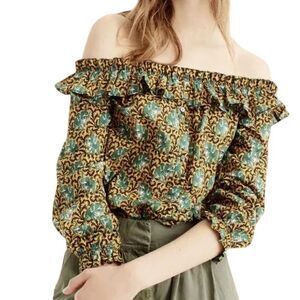 J CREW Ratti Elephant Novelty Off The Shoulder Boho Peasant Button Top SIZE 6
